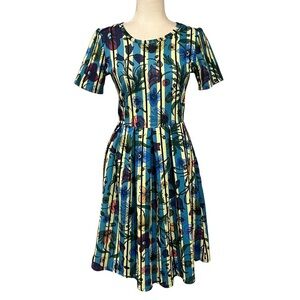 LuLaRoe Floral Stripe Midi Dress in Yellow, Blue, Green